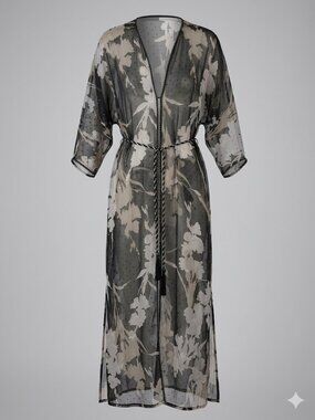 Ethereal Sheer Floral Maxi Robe - Bohemian Night Coat with Braided Belt Detail